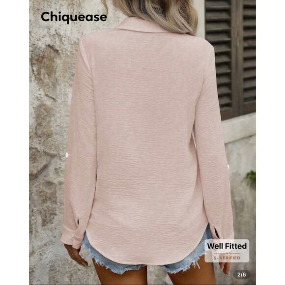 Chiquease Casual Solid Color Pocket Button-Up Collared Long Sleeve Minimalist Sh - Picture 4 of 9